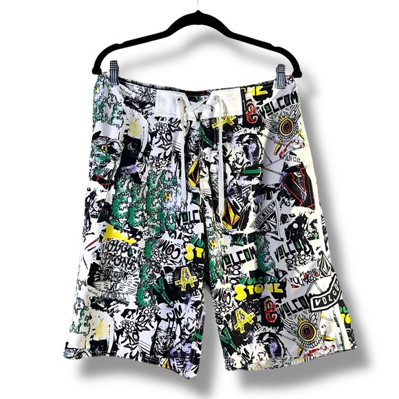 Volcom Other - Volcom‎ ModTech Mens Sz 33 Boardshorts Graffiti Print Swim Trunks Colorful Beach